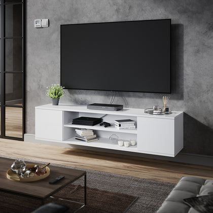 130cm High Gloss White Floating TV Stand Cabinet Unit 2 Door Storage Sideboard