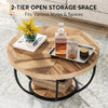 Wooden Round Coffee Table, Rustic 2-Tier Wooden Center Table w/ Storage Shelves