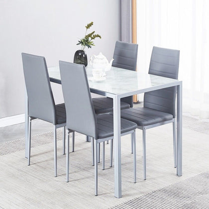 4pcs Grey Faux Leather Padded Seat Dining Chairs&Grey Marble Glass Dining Table