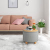 Round Stool with Storage Space Footstool Linen Cover Padded Ottoman Wood Legs