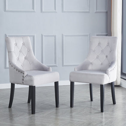 2x Grey Upholstered Velvet Dining Chairs Solid Wood Legs Button Tufted Armchairs