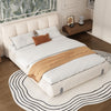 Double Bed Frame, Grey White, Upholstered Wooden Slat Bed Frame with Headboard