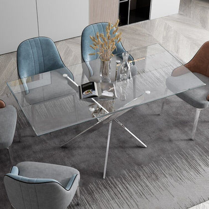 Modern Glass Table Rectangle Living Dining Room Furniture Cross X Metal Legs