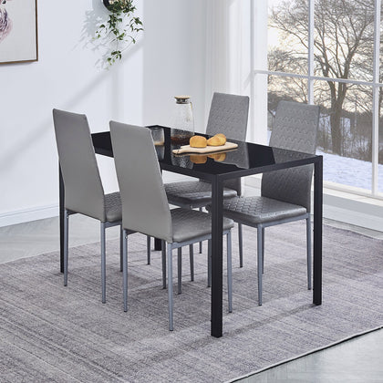 4pcs Grey Faux Leather Dining Chairs Ripple Lines & Black Glass Dining Table Set