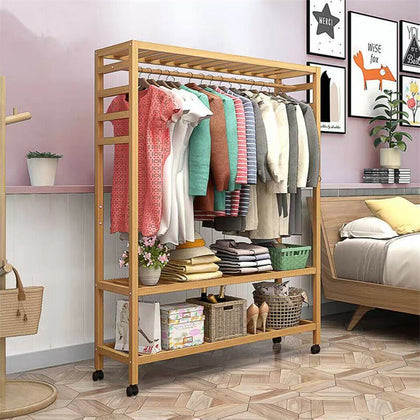 Bamboo Clothes Rail Rack Garment Closet Storage Organizer Hanging Shelf On-Wheel