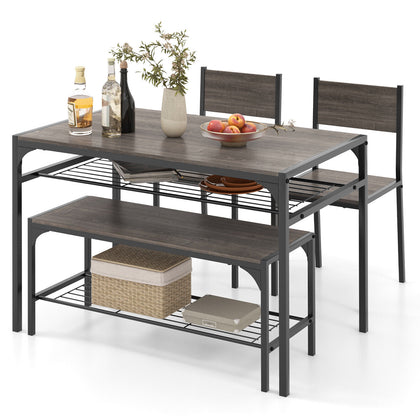 4Pcs Kitchen Dining Set Metal Frame Industrial Table Chairs Bench Set Grey