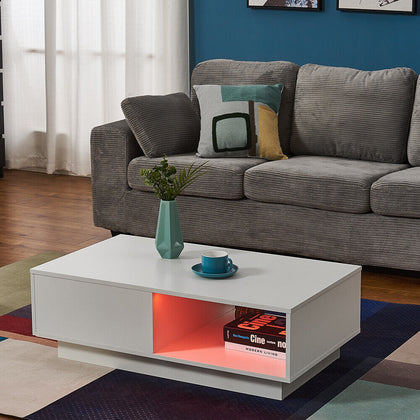 Modern Coffee Table with Storage Drawer Shelf Tea Table LED Light Livingroom