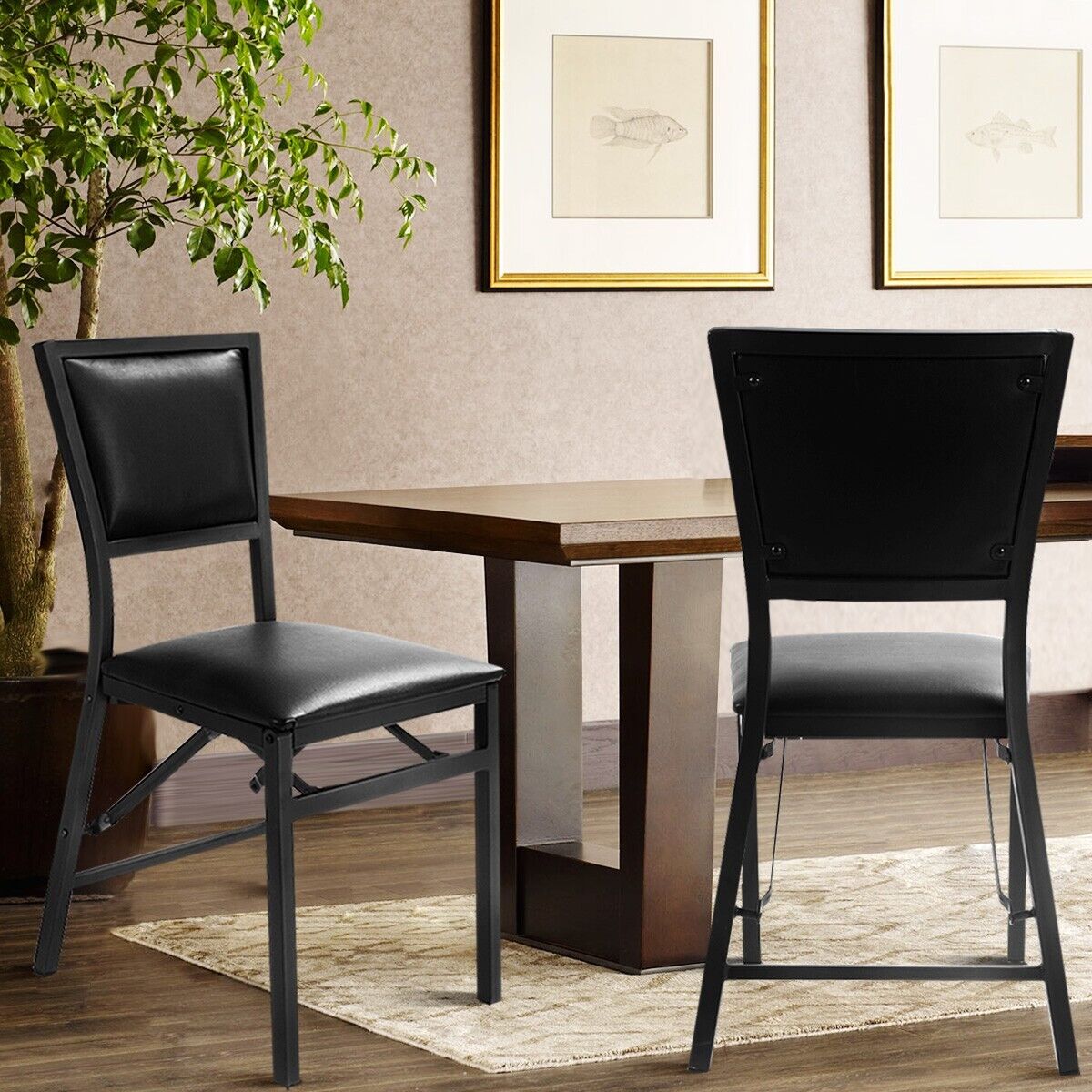 Set of 2 Padded Folding Chair Metal Frame Counter Height Dining Chairs
