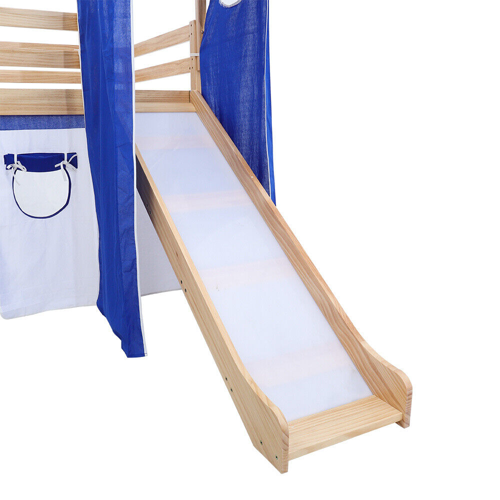 Children Kids Castle Single Bed Cabin Loft Pine Wood With Ladder Slide Tent