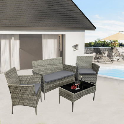 4Piece Rattan Garden Furniture Set Outdoor Lounger Sofa Chair Table Cushion Grey