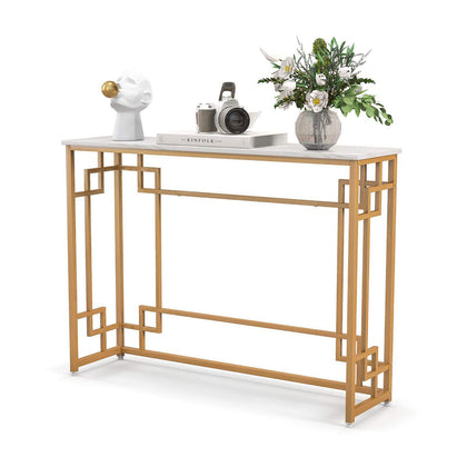 110 cm Console Table Narrow Entryway Table with Geometric Golden Frame-White & G