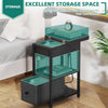Narrow Side Table with USB Ports & Storage, Nightstand for Bedroom, Black