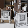 Unique Silver Mirrored Side Table Clock Display Elevated Legs Storage Nighstand