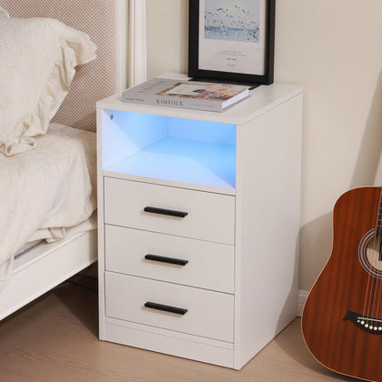 3 Drawers Bedside Table with Charging Station USB Ports LED Lights Sofa End Desk