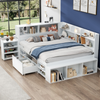 Double Bed with Bookcase Multifunctional Wooden Bed Frame with Drawer Storage