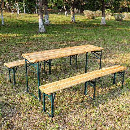 3pcs Garden Folding Table Chair Set Beer Table Wooden Bench Trestle Dining Seat
