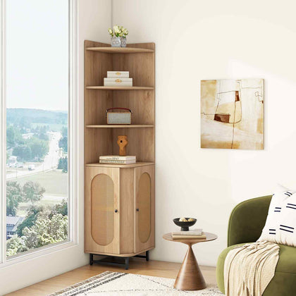 172 cm Tall Corner Bookcase with 2 Doors & 4 Open Shelves-Natural