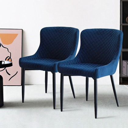 2x Dining Chairs Blue Velvet Home Matte Black Legs Soft Seat Furniture