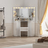 High Gloss Corner Dressing Table LED Lights 3 Mirrors Drawers Makeup Desk Stool