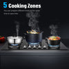 Gas Hob 5 burners, 77cm Black Tempered Glass Gas Hob with Cast Iron Supports