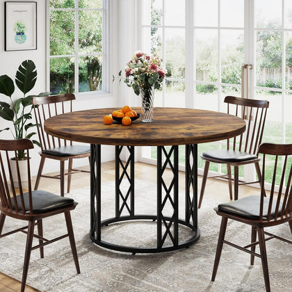 120cm Round Dining Table for 4-6 People,Rustic Coffee Table Circle Kitchen Table