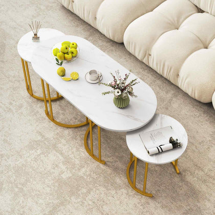 2 Round End Tables and Oval Coffee Table Nesting Coffee Table Set of 3White