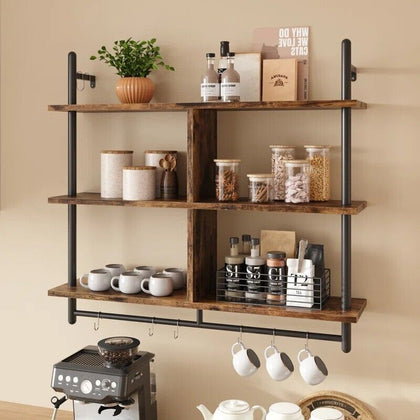 3 Tier Floating Shelving Bookshelf with Hooks for Living Room Kitchen Balcony UK