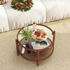 Round Coffee Table Glass Top Rattan Shelf Wooden Frame Living Room Centre Table