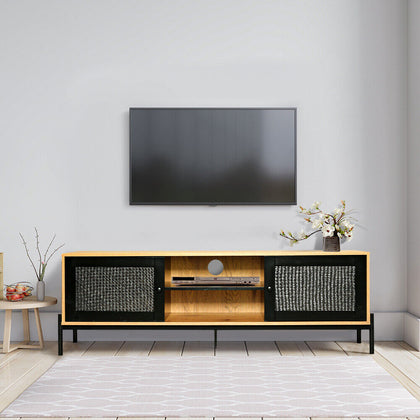 150cm Modern TV Unit Cabinet Storage TV Stand With 2 Rattan Doors Living Room