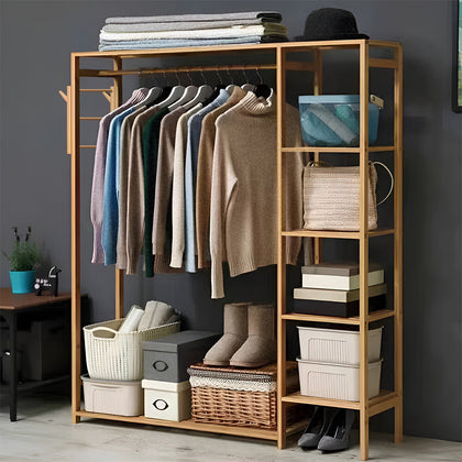Bamboo Clothes Rail Rack Garment Hanging Stand Open Wardrobe Shelf, 120X30X147CM