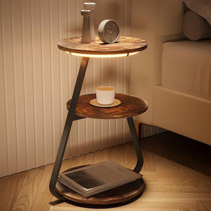 3 Tier Side Table Small Round Coffee Table with 3 Colour LED Lights Rustic Brown