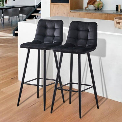 2X Velvet Bar Stools Black Breakfast Pub Chair Kitchen Modern 65 cm Seat High