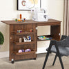 2 IN 1 Folding Sewing Table Rolling Craft Table Desk Workstation Brown