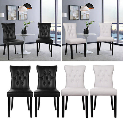 2/4Pcs Upholstered Cushioned Dining Chairs Faux Leather Padded Seat Wooden Legs