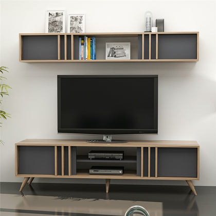 Large Modern Retro TV Cabinet & Wall Unit Finished in Anthracite Grey