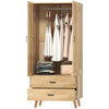 2 Door Wardrobe, Modern Wardrobe w/ 2 Drawer, Hanging Rail for Bedroom Natural