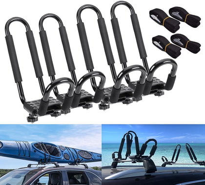 4PC Adjustable J Bars Car Roof Rack Kayak Canoe Carrier Universal H-Duty & Strap