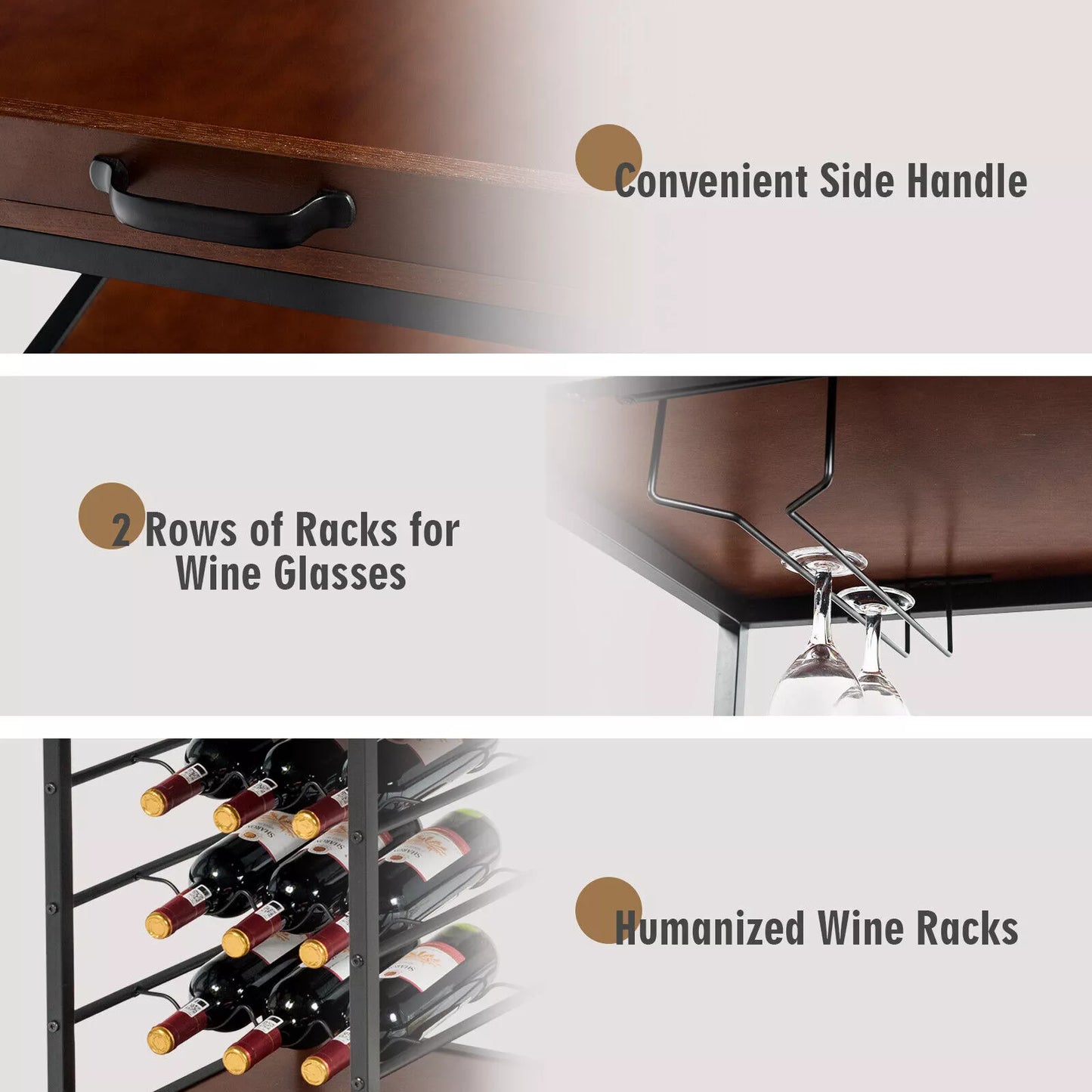 Industrial Kitchen Island Cart 3-Tier Rolling Bar Serving Trolley With Wine Rack