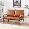 Double Sofa Armchair Faux Leather Back Cushion Metal Frame Leg Oak Armrest Brown