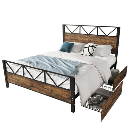 4FT6 DOUBLE SIZE METAL BED FRAME WITH HEADBOARD AND FOOTBOARD/2 STORAGE DRAWERS