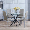 4pcs Grey PU Leather Dining Chairs & Round Clear Glass Dining Table Black Legs