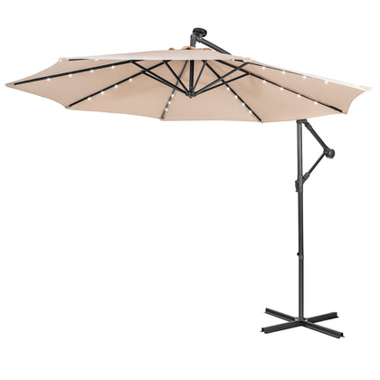 10 FT Cantilever Umbrella Outdoor Market Umbrella w/32 Solar-Powered LED Lights