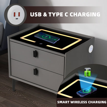 2 Drawers LED Bedside Table Wireless Charging Nightstand Bedside Cabinet Fdklcsb
