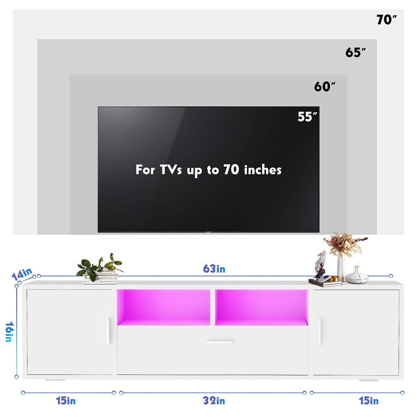 TV Stand 160cm High Gloss TV Unit Cabinet Sideboard With LED Light & Drawers UK