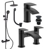 Matt Black Round Thermostatic Shower Kit Basin Tap Waterfall Bath Filler & Waste