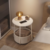 Modern White Round Side Table with Beige Storage Basket – Space-Saving & Stylish