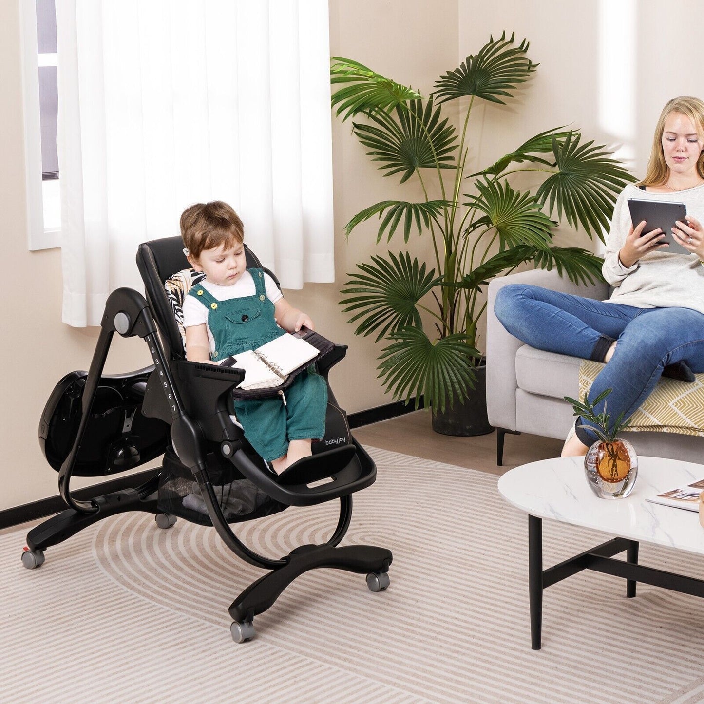 Folding Baby High Chair Adjustable Convertible High Chair W/ Removable Meal Tray