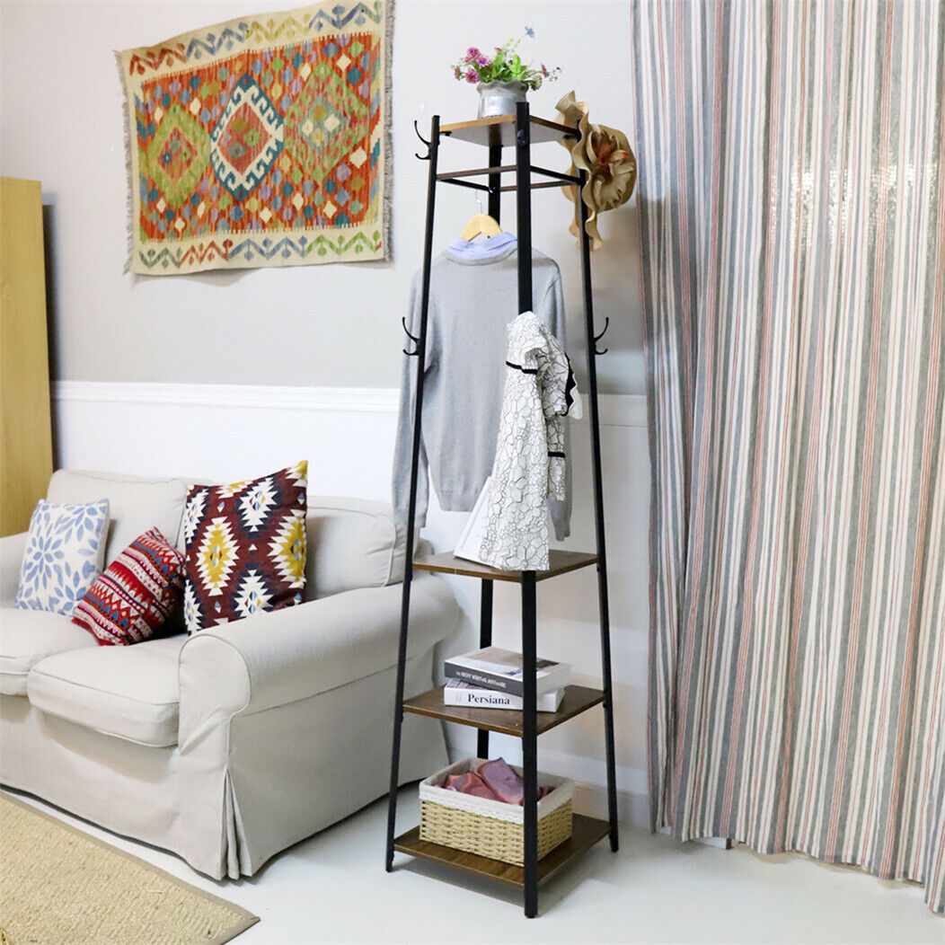 180cm Coat Stand Corner Garment Hat Rack Clothes Rails Hanger w/ 4 Storage Shelf