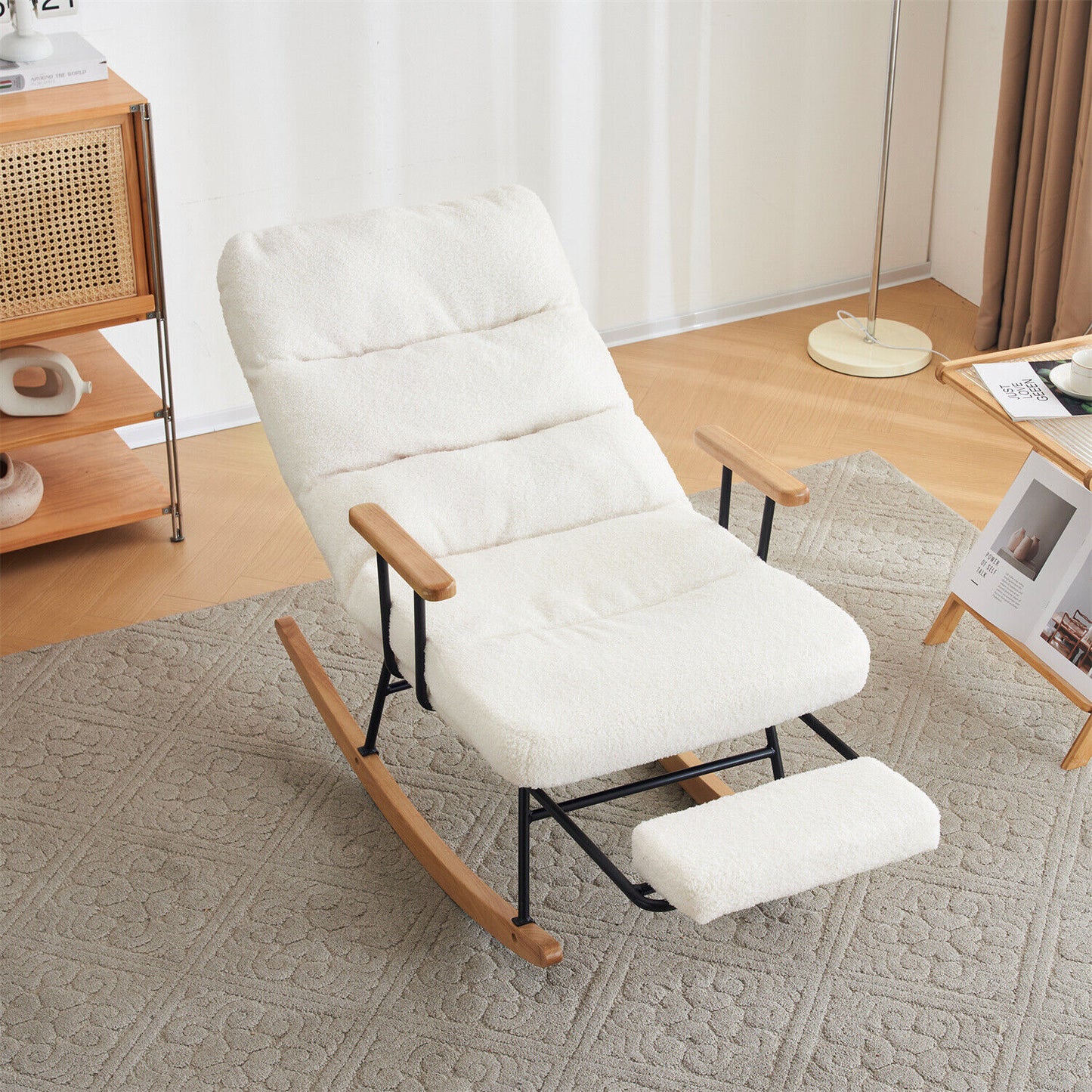 Nursing Boucle Fabric Rocking Chair Relaxing Recliner Armchair with Footrest