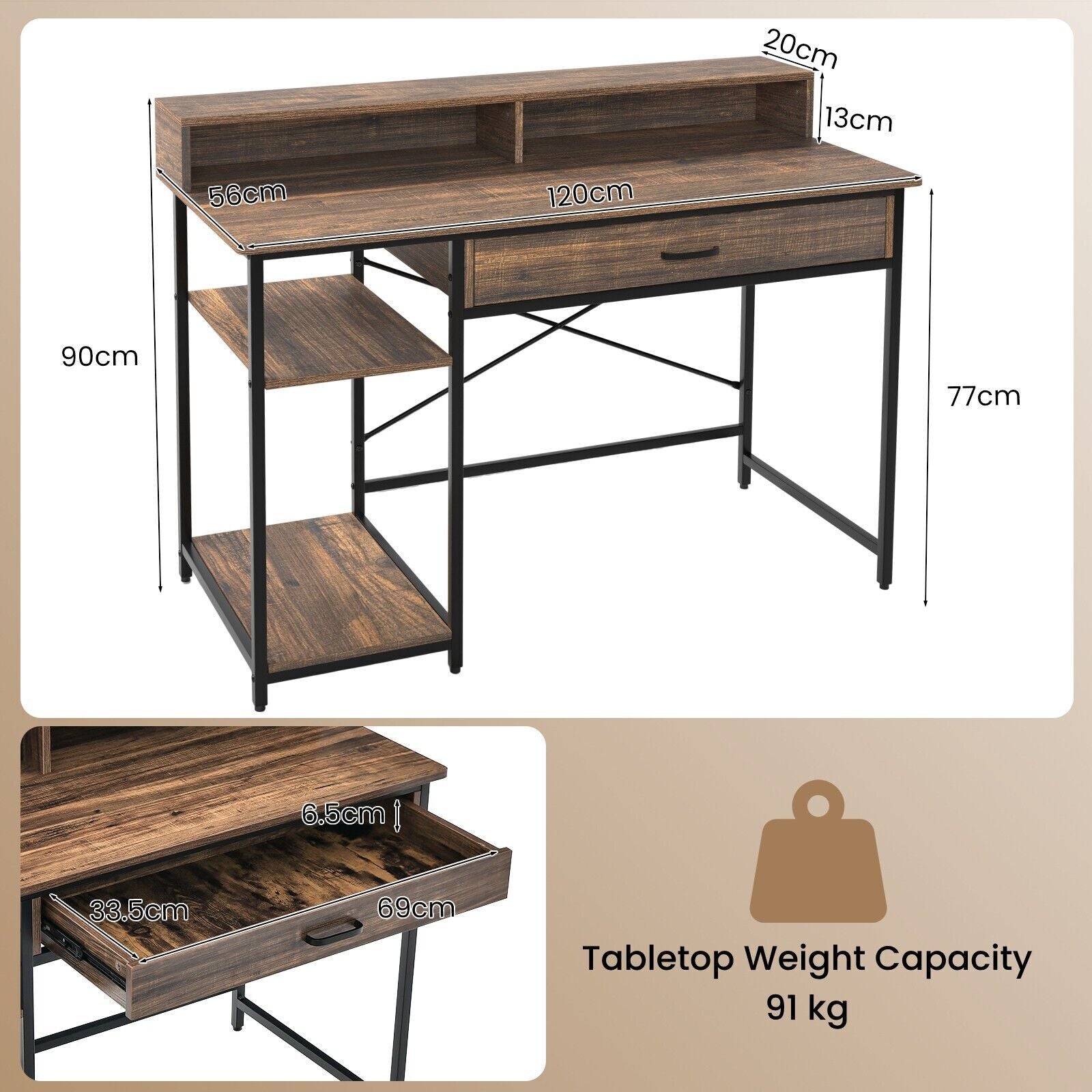 Writing Workstation Design Industrial Computer Desk Writing Workstation w/Storage Drawer and 2 Op ...